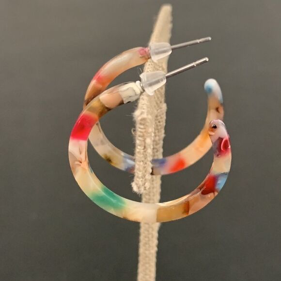 Unique Hand Marbleized Colorful Rainbow Acetate Hoop Sustainably Made Earrings - Picture 6 of 10